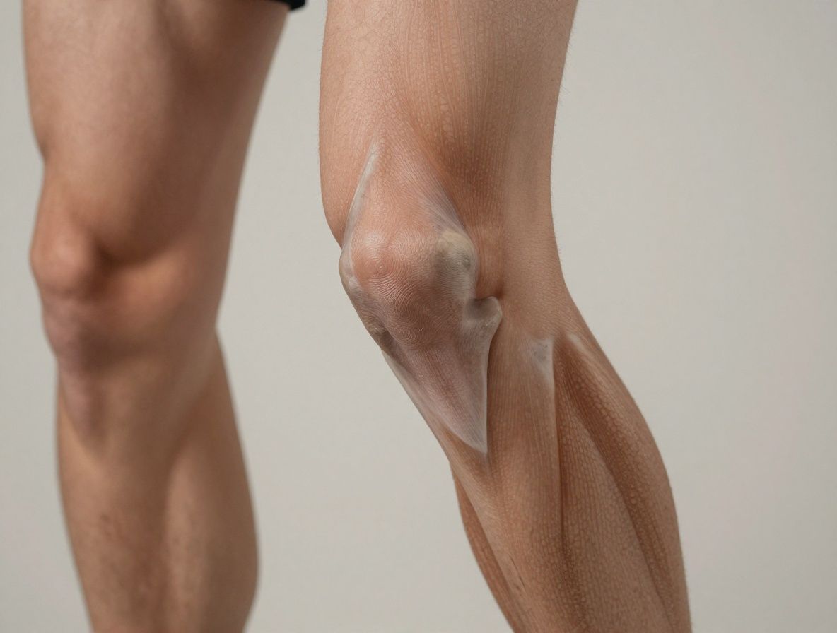 Close-up of a human knee joint and leg muscles in dynamic walking motion captured from a low angle with shallow depth of field and neutral background
