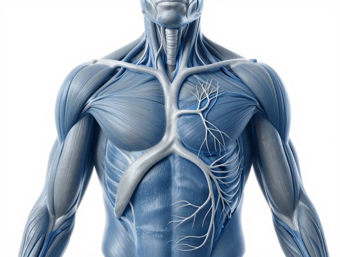 Abstract scientific diagram of human circulatory and muscular system rendered in blue and grey tones on a white background, educational illustration style
