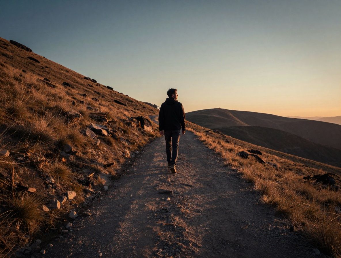 Lone person walking along a wide open mountain trail at dusk, looking towards the distant horizon, warm fading light casting long shadows on the path