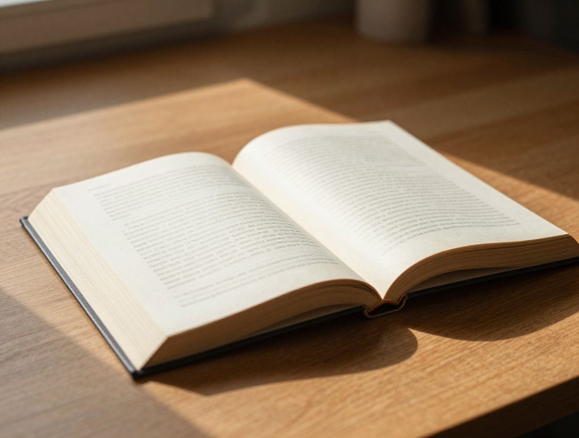 Open book resting on a wooden desk beside a shaft of warm natural window light, pages slightly worn, calm and studious atmosphere