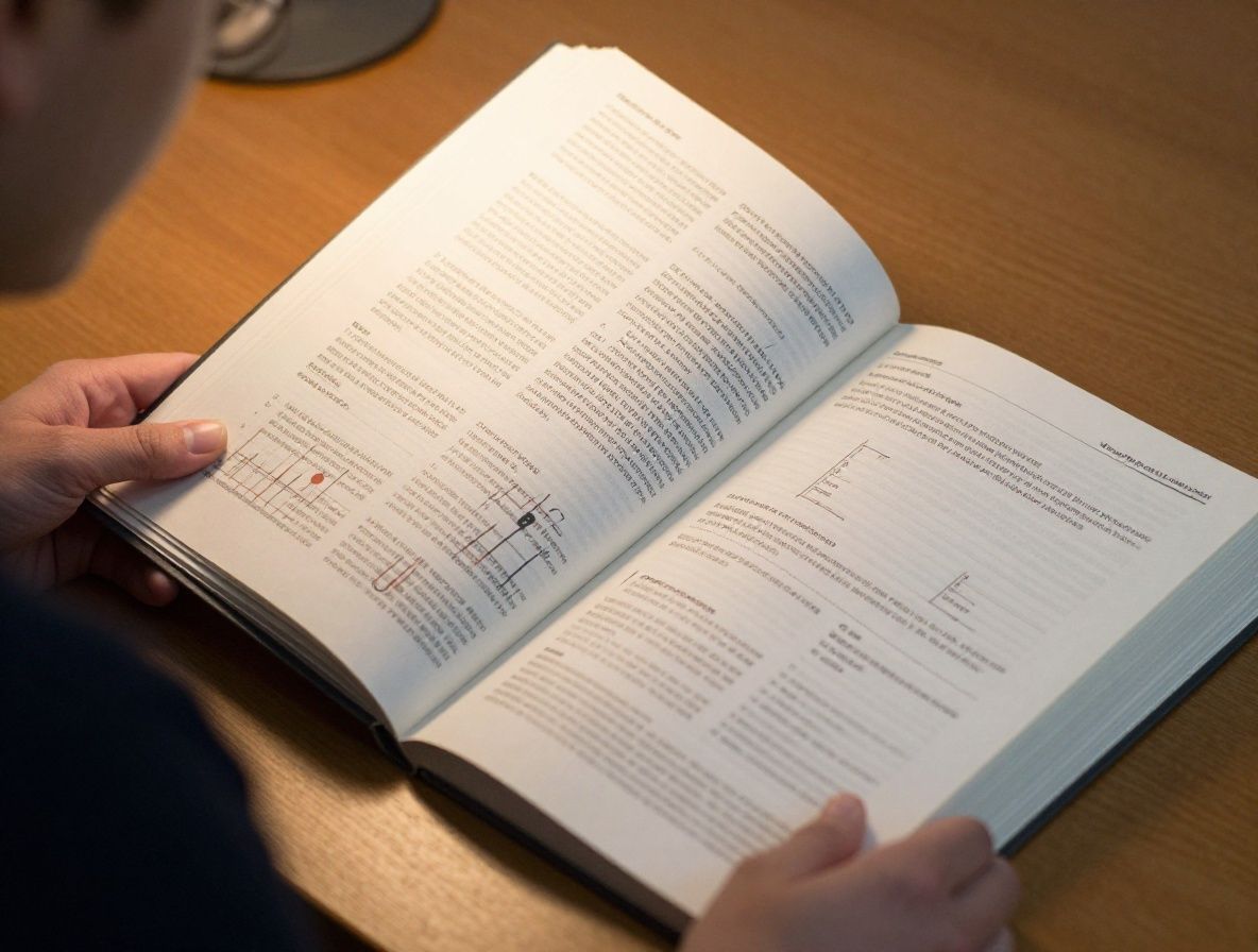 Person reading a large open reference volume at a library desk, warm ambient lamp light, pages filled with charts and diagrams, calm focused atmosphere