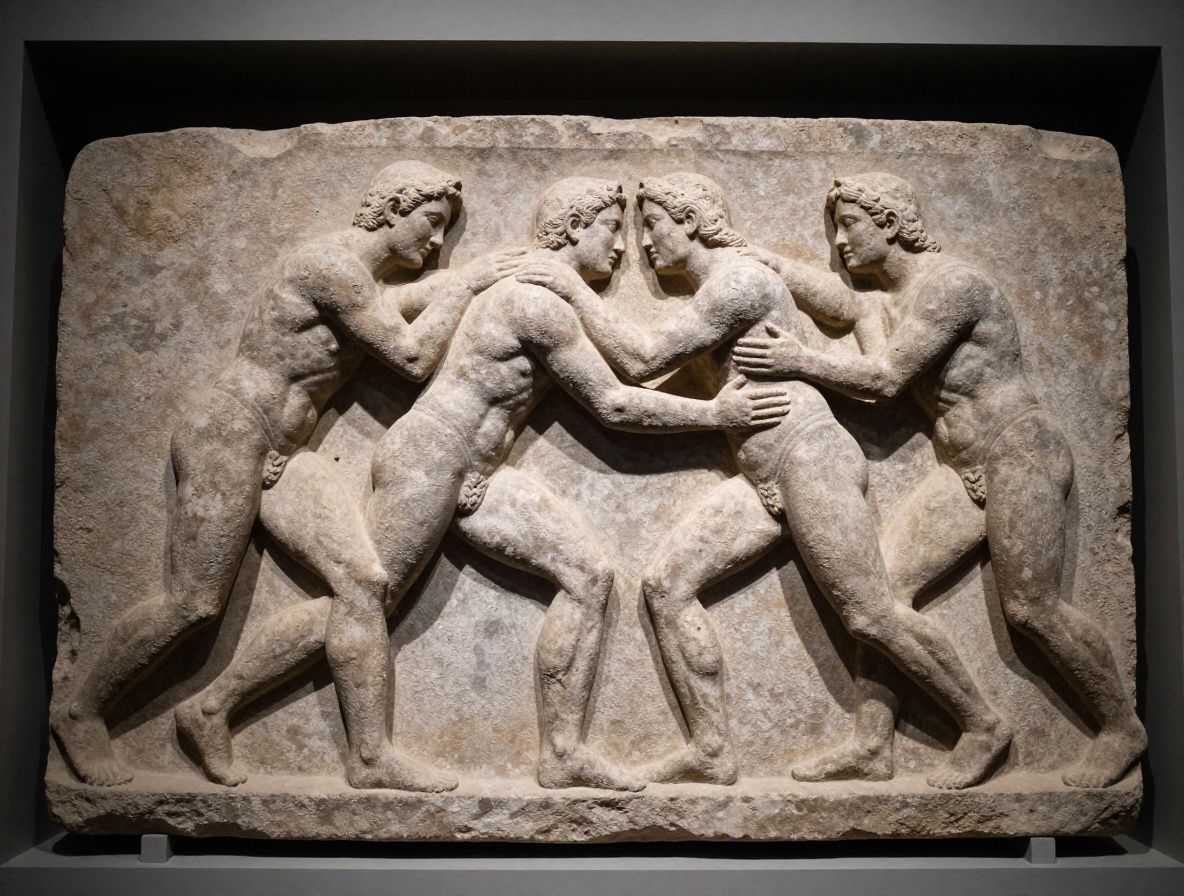 Ancient stone relief sculpture depicting male figures in athletic poses, wrestling and running, worn surface with visible chisel marks, museum-style lighting