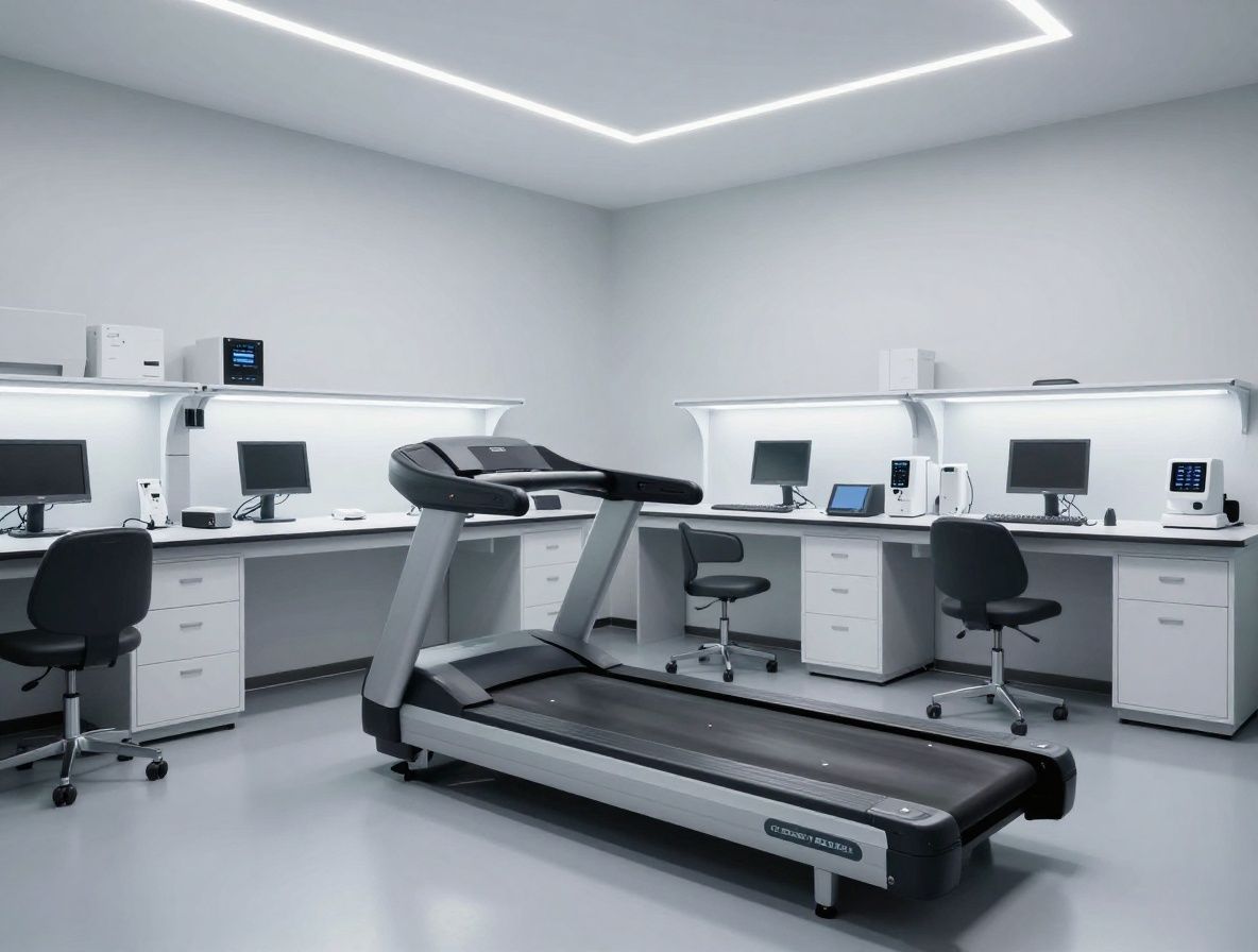 Modern minimalist research laboratory setting with movement analysis technology, motion capture markers visible on a treadmill in a clean clinical space